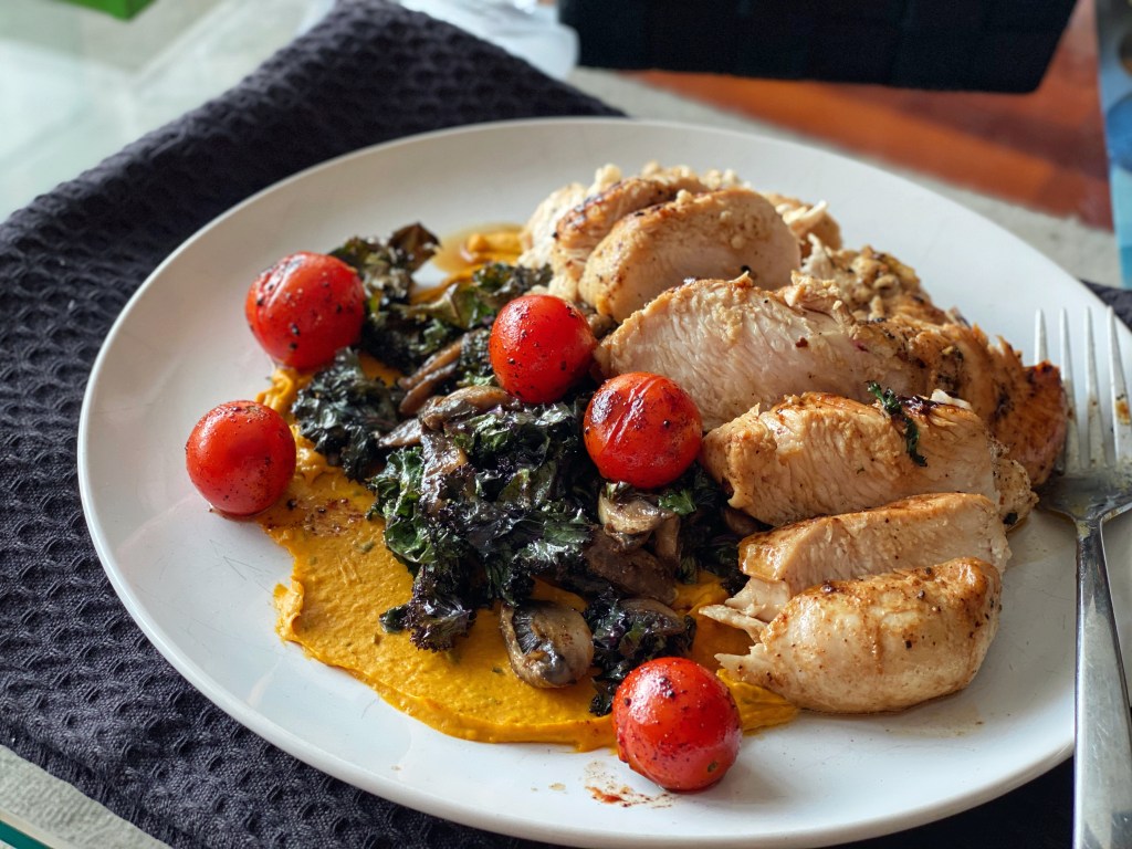 Moroccan-Spiced Chicken Breast with Kale and Mushrooms on Sweet Potato Mash