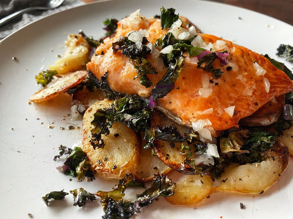 Roasted Salmon, Potatoes & Kale